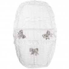 Broderie Anglaise White/Silver Car Seat Footmuff/Cosytoes With Bows & Lace